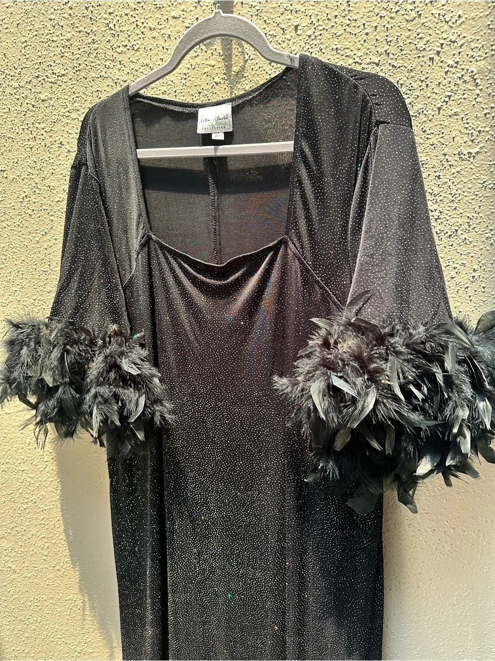 VTG 2X Black Sequin Feather Trim Maxi Dress Flare Sleeve Glam Witchy Whimsigoth